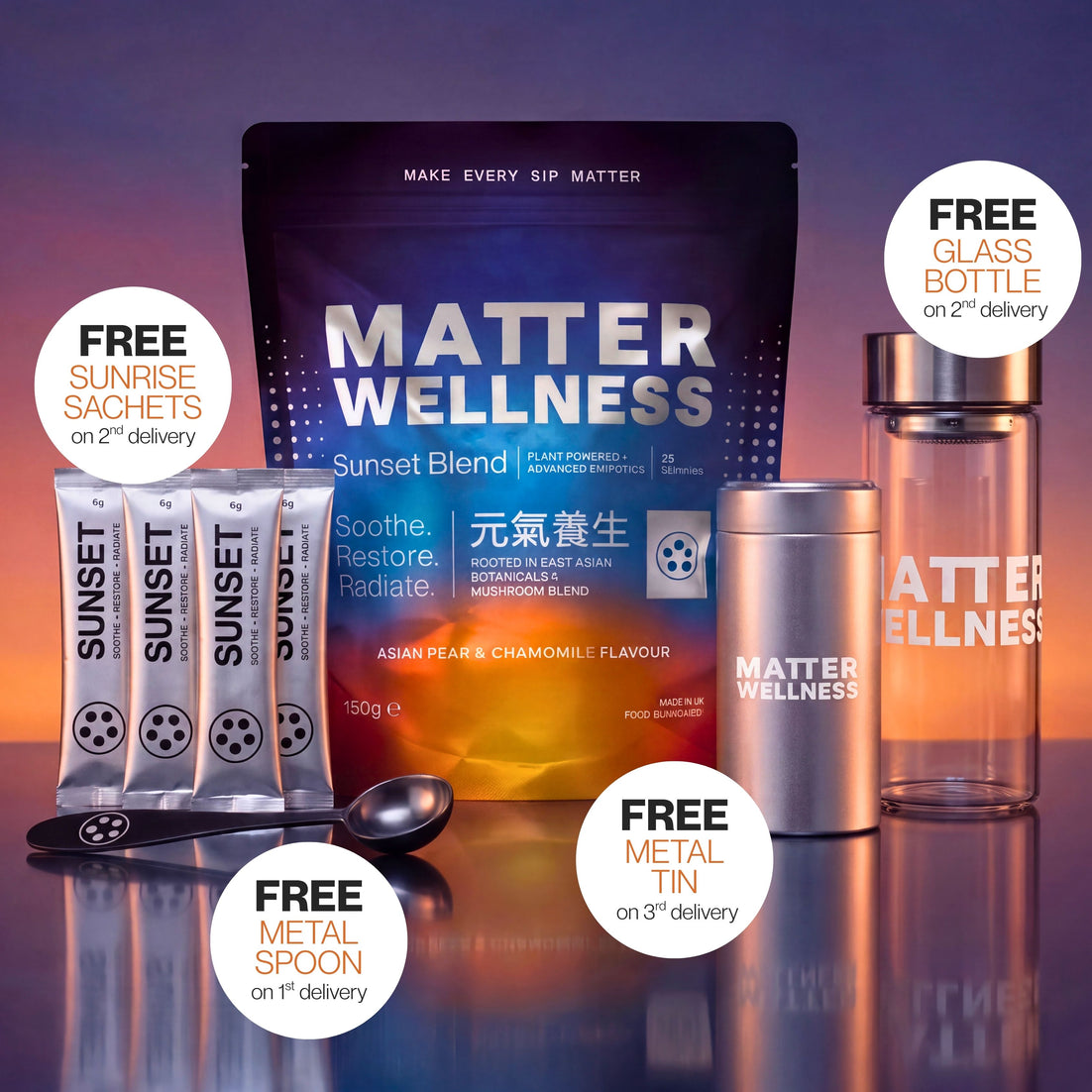 Matter Wellness Sunset Blend herbal supplement set with a large pouch, three sachets, a metal tin, a spoon, and a glass bottle, arranged on a reflective surface with promotional text bubbles.