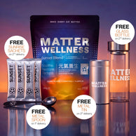 Matter Wellness Sunset Blend herbal supplement set with a large pouch, three sachets, a metal tin, a spoon, and a glass bottle, arranged on a reflective surface with promotional text bubbles.